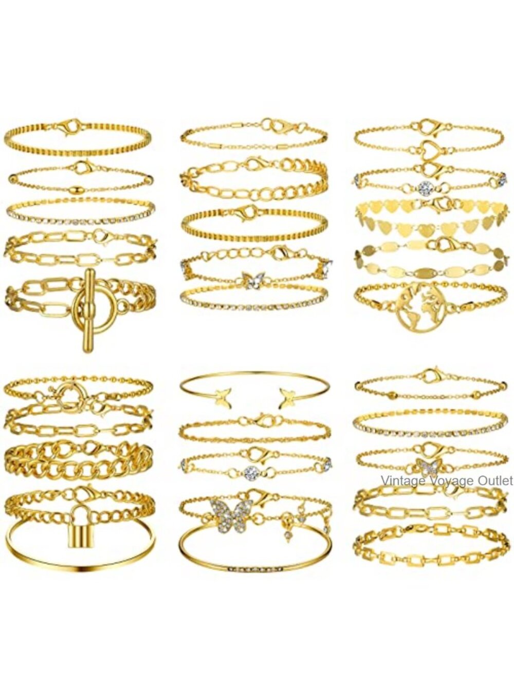 Gold Plated Chain Layered Bracelet Set Adjustable 30 Pc Women Jewelry